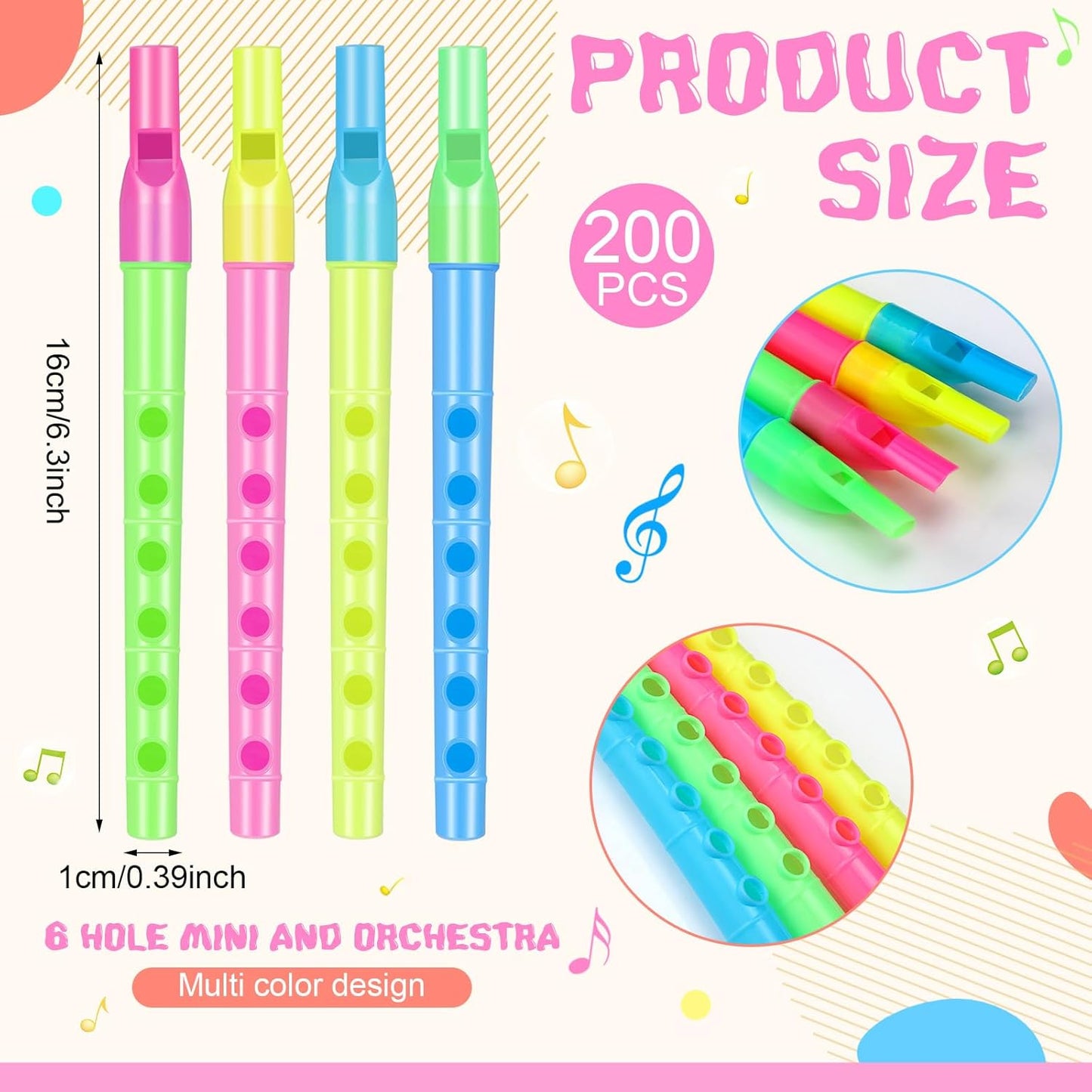 200 Pcs 6.3 Inches Soprano Recorder Bulk 6 Hole Plastic Recorders for Kids Mixed Color Plastic Flute Musical Instruments Toy for Kid Party Favors Beginners Gifts School Performance