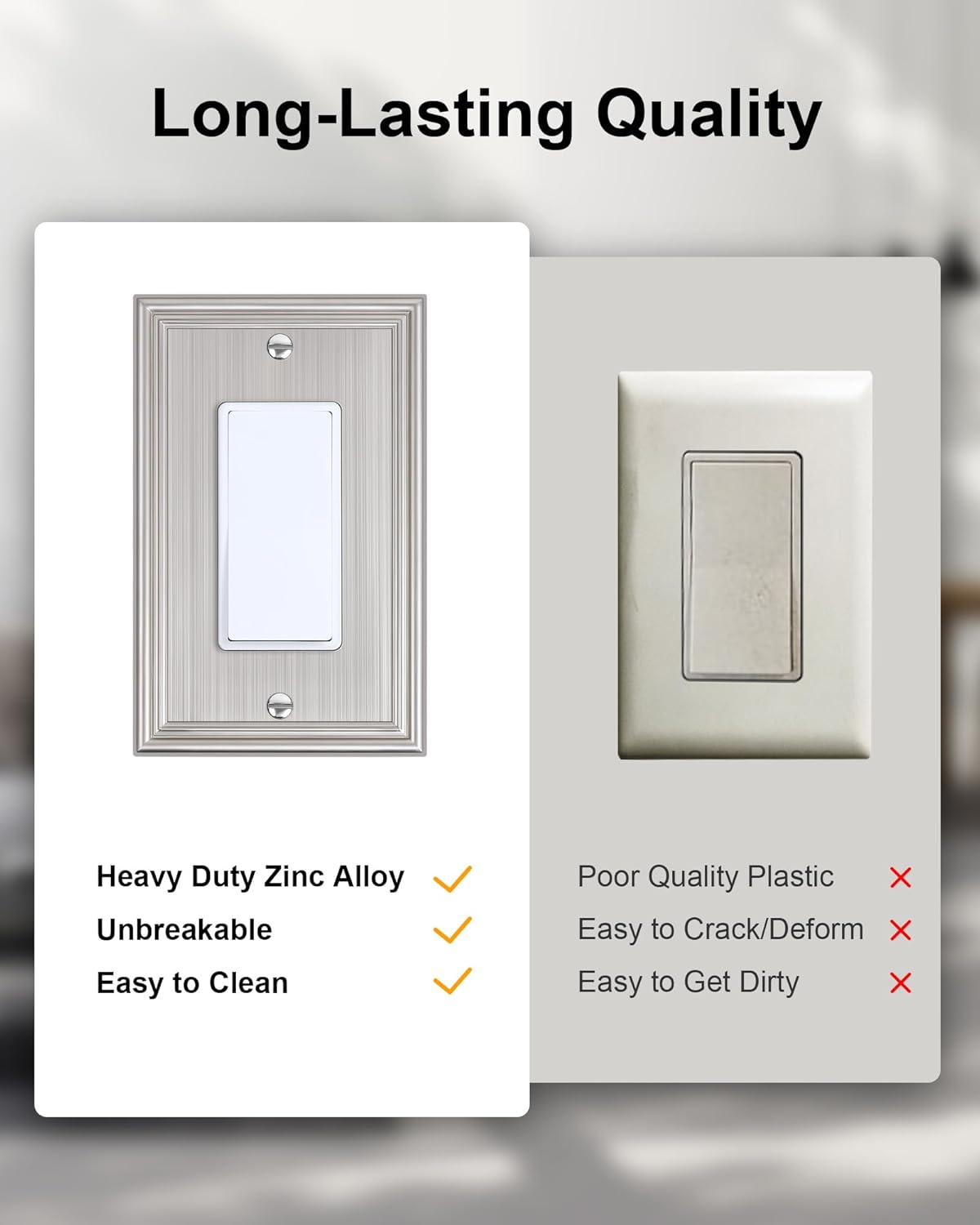 4-Pack Decorator Outlet Cover Plate, Brushed Nickel Decorative Switch Plates and Outlet Covers, Durable Zinc Alloy Wall Plates for Electrical Outlets, Receptacle, GFCI Outlet, Dimmer Switch