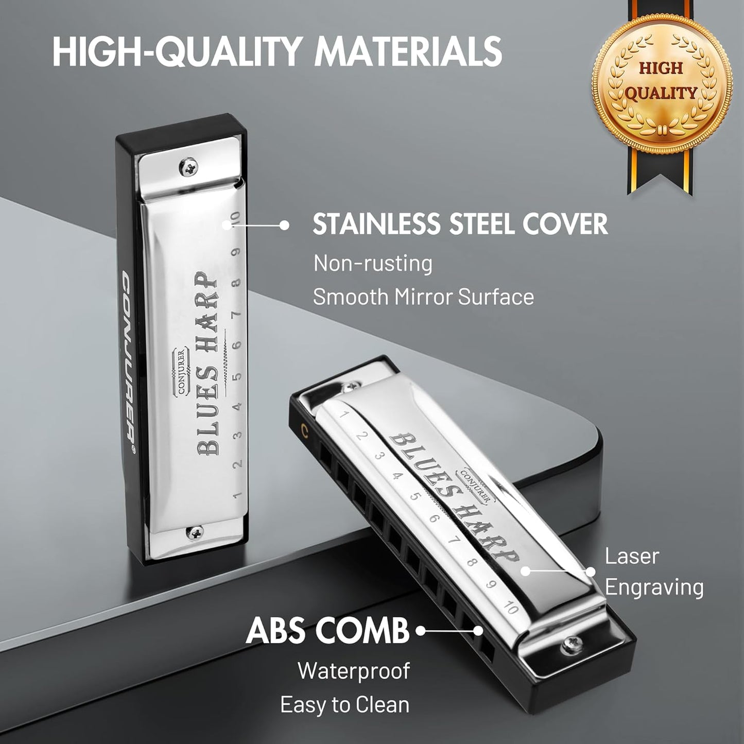 CONJURER Blues Harmonica for Beginners, 10 Hole E Key Diatonic Blues Harp with Stainless Steel Cover & Phosphor Bronze Reeds, Professional Grade for Adults, Gifts (Silver E)