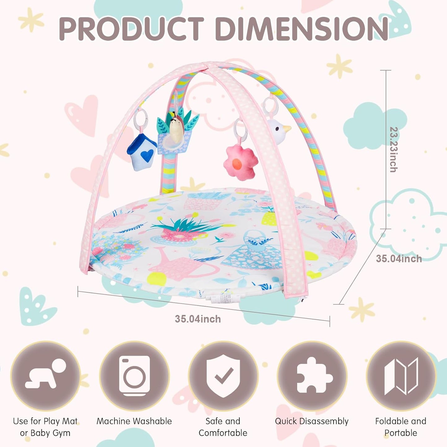 Activity Gym, Baby Play Gym Mat for Toddlers, 0-18 Months Tummy Time Play Mats, Infant Play Gym with Detachable Toys for Sensory Exploration and Motor Skill Development, PM2407