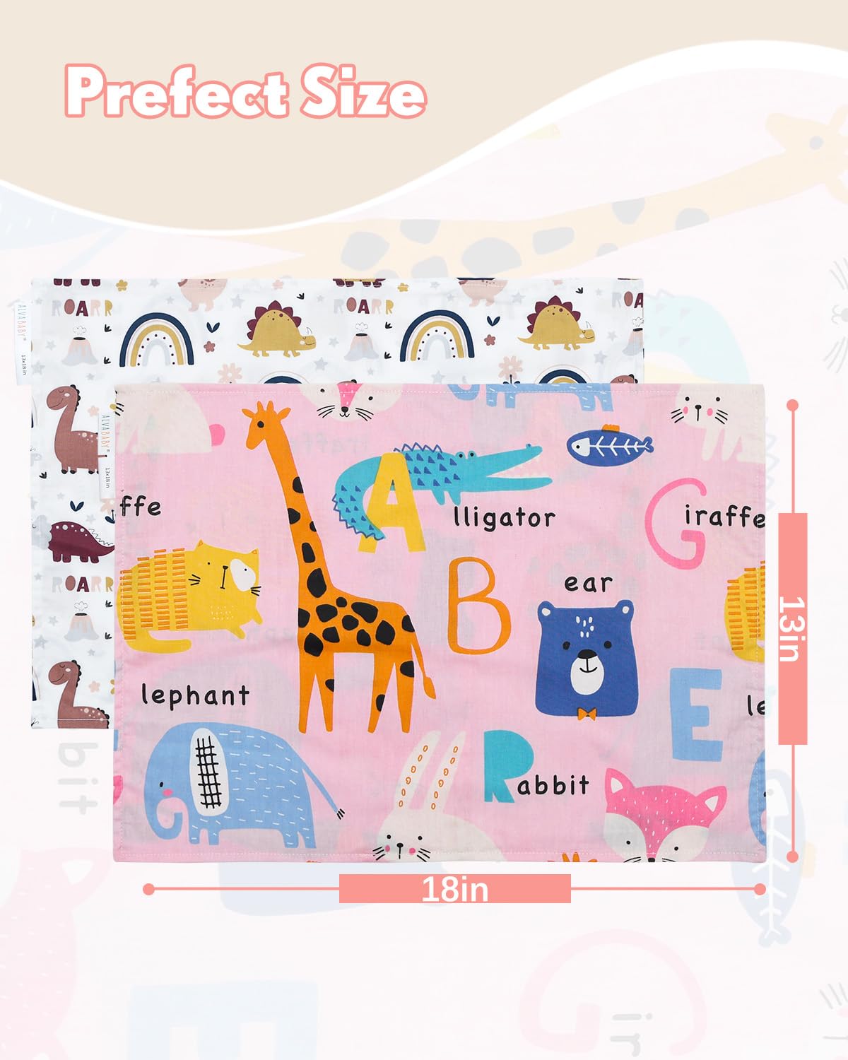 ALVABABY Toddler Pillowcases 2 Pack Organic Cotton Kids Pillow Cover Fit 13"x 18" or 12"x24" Envelope for Girl Boy Sleepy Travel Pink Animals&Dinosaur