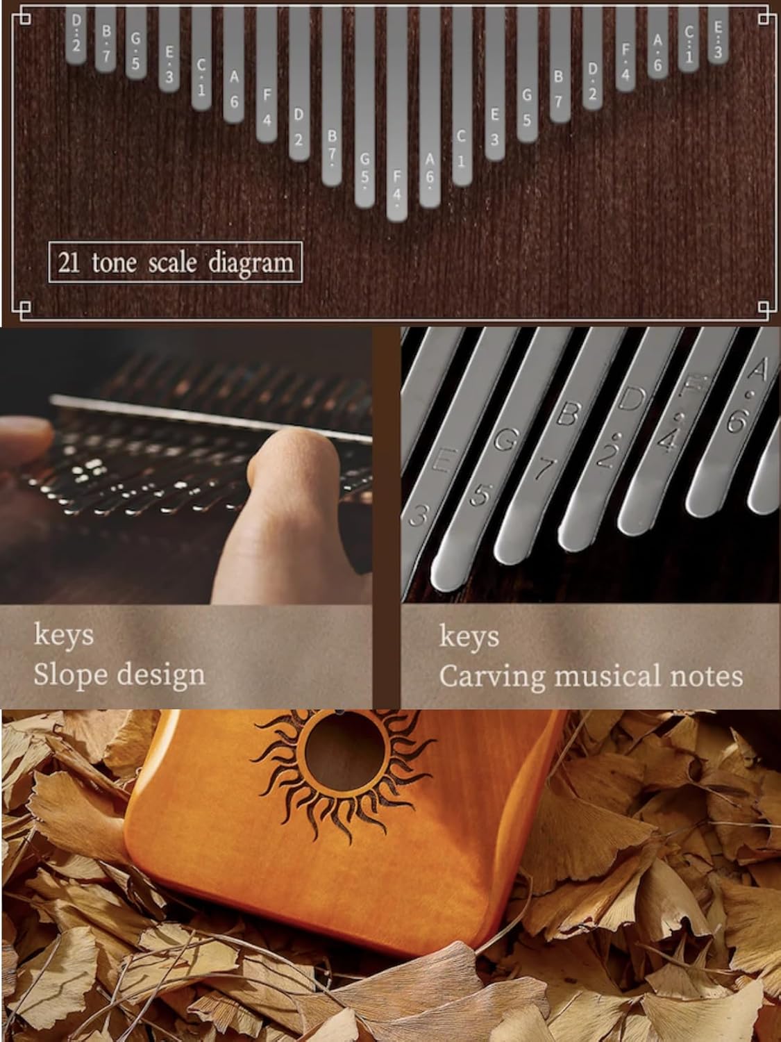 Kalimba Thumb Piano, 21 Keys, Musical Instruments Gift Set with Tune Hammer, Music Book, Carrying Bag