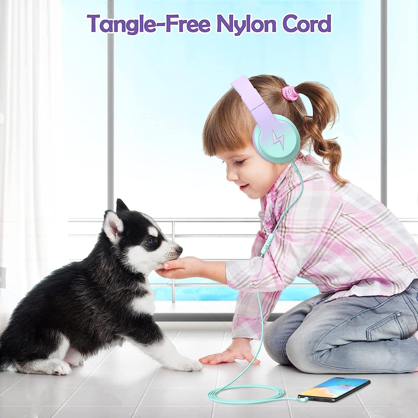 Kids Headphones, Wired Headphones for Kids Over Ear with Microphone, 85/94dB Volume Limiter Headphone for Girls Boys, Foldable Headphone for Learning & Entertainment,Gradient Purple