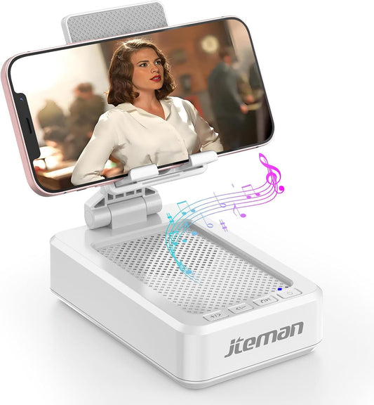 JTEMAN Portable Phone Stand with Speaker Bluetooth Wireless,Gifts for Men Women,Birthday for Women,Kitchen Gadgets for Men,Phone Holder for Desk - White