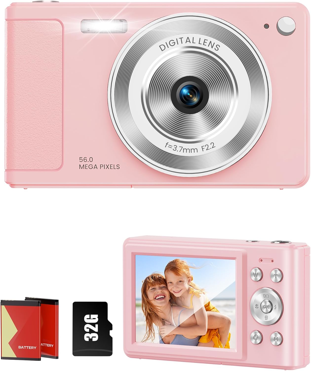 WONNIE Digital Camera 56MP, FHD 1080P Point & Shoot Camera with 32GB SD Card, 2 Batteries, and Lanyard, Ideal for Kids & Teens, Suitable Gift for Girls
