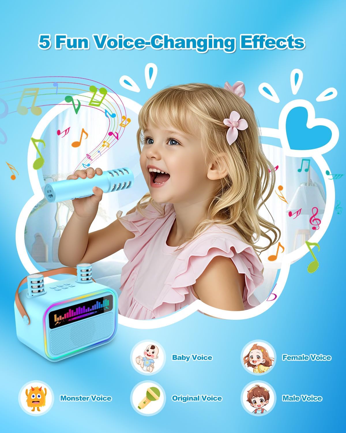 Karaoke Machine for Kids Adults, Birthday Gifts Toys for Girls Boys Age 3-12+,Mini Portable Bluetooth Singing Speaker with 2 Wireless Microphones & LED Lights (Blue)