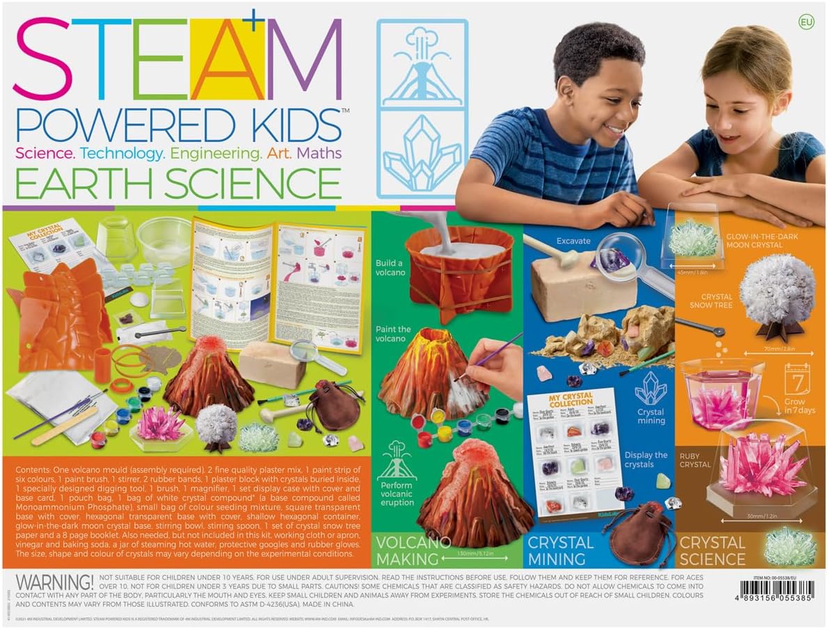 4M - STEAM Earth Science - Educational Science Kits for Kids Ages 5+ with 5 Experiments: Volcano Eruption, Excavate Crystals, Crystal Growing, & More - Hands-On Geology STEM Learning Science for Kids