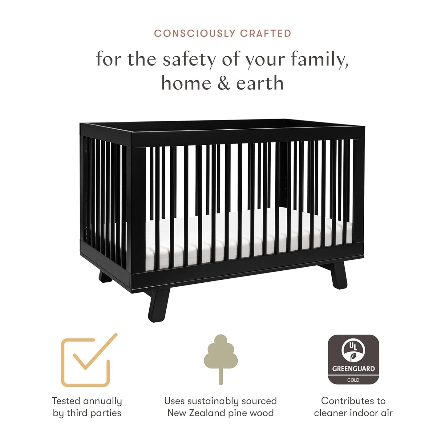 Babyletto Hudson 3-in-1 Convertible Baby Crib - GREENGUARD Gold Certified Convertible Crib to Toddler Bed & Daybed - Wooden Baby Bed with 4 Adjustable Mattress Heights - Easy to Assemble - Black