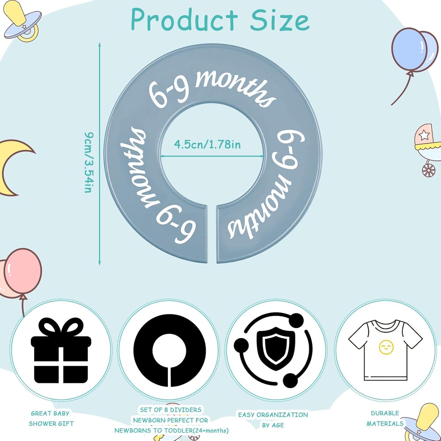 8 Pcs Baby Closet Dividers Unisex Baby Clothes Organizers Clear Labels for Nursery Closet Organizer & Decor Nursery Fits Most Rods(Modern,Cool Colors)