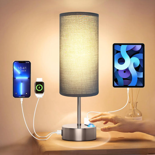 KPQ Small Bedside Lamp Touch Control Table Lamp with USB A+C Charging Ports & AC Outlet 3-Way Dimmable Nightstand Lamp with Linen Fabric Shade for Bedroom Living Room