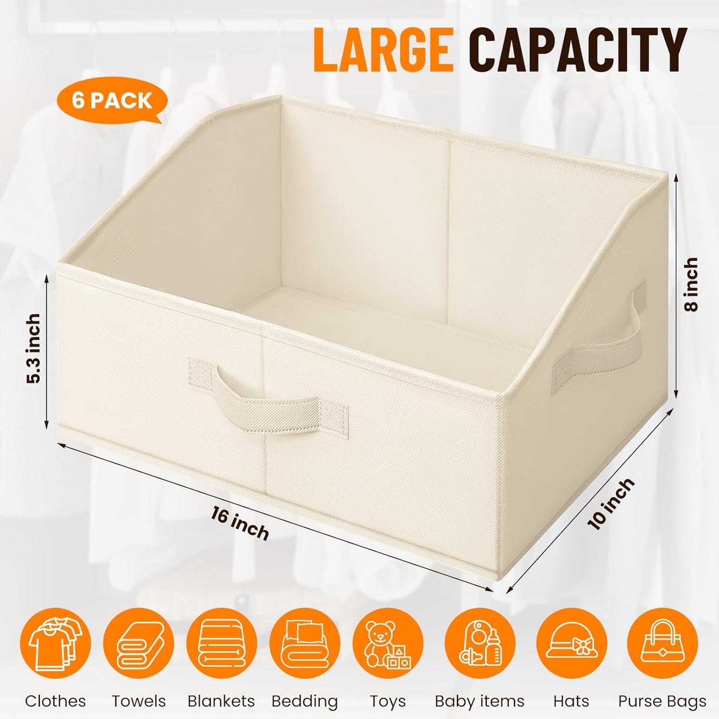 Criusia Closet Organizers Bins 6 Pack - Large Closet Shelf Organizer with Handles - Fabric Trapezoid Home Organization and Storage Baskets for Organizing Clothes Toy Blanket Towel Purse Hats