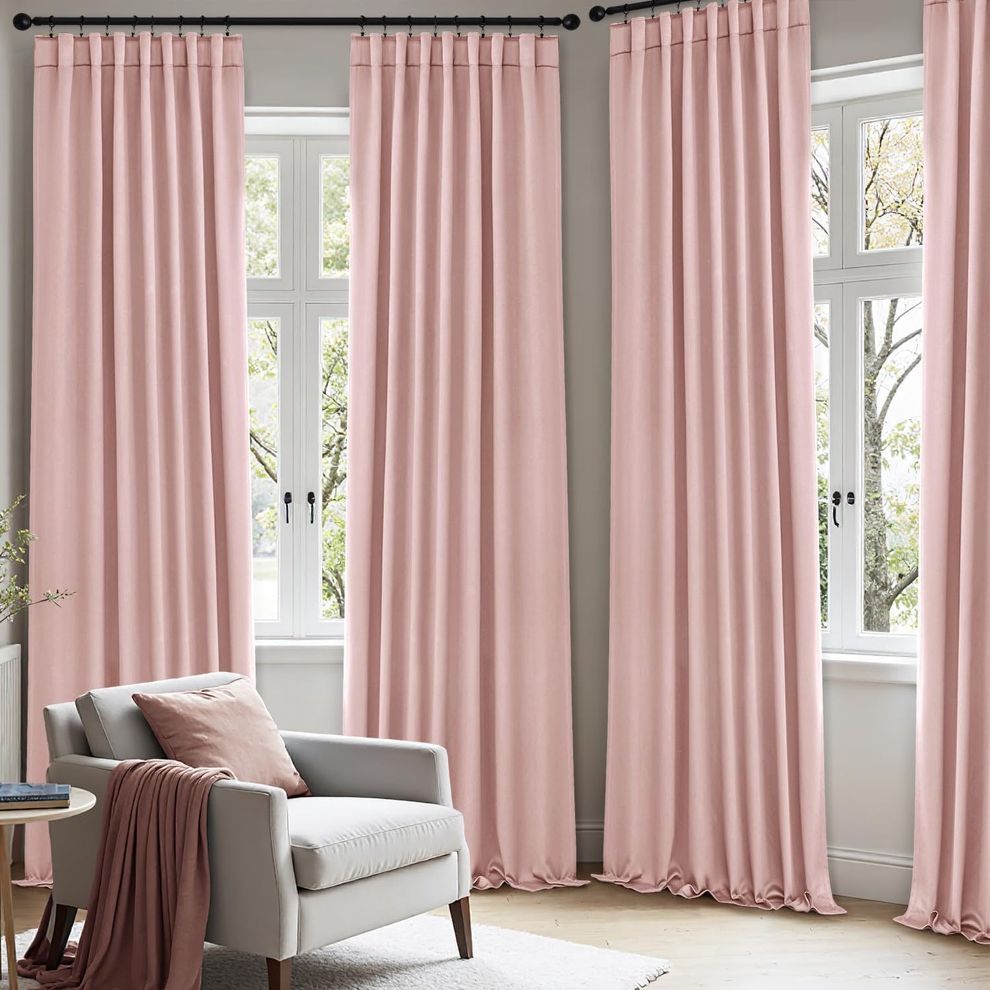 ANRODUO Light Pink Blackout Curtains for Girls Bedroom Living Room, Back Tab Rod Pocket Pinch Pleated Thermal Insulated Room Darkening Curtains 90 Inches Long 2 Panels, 52 x 90 Inch