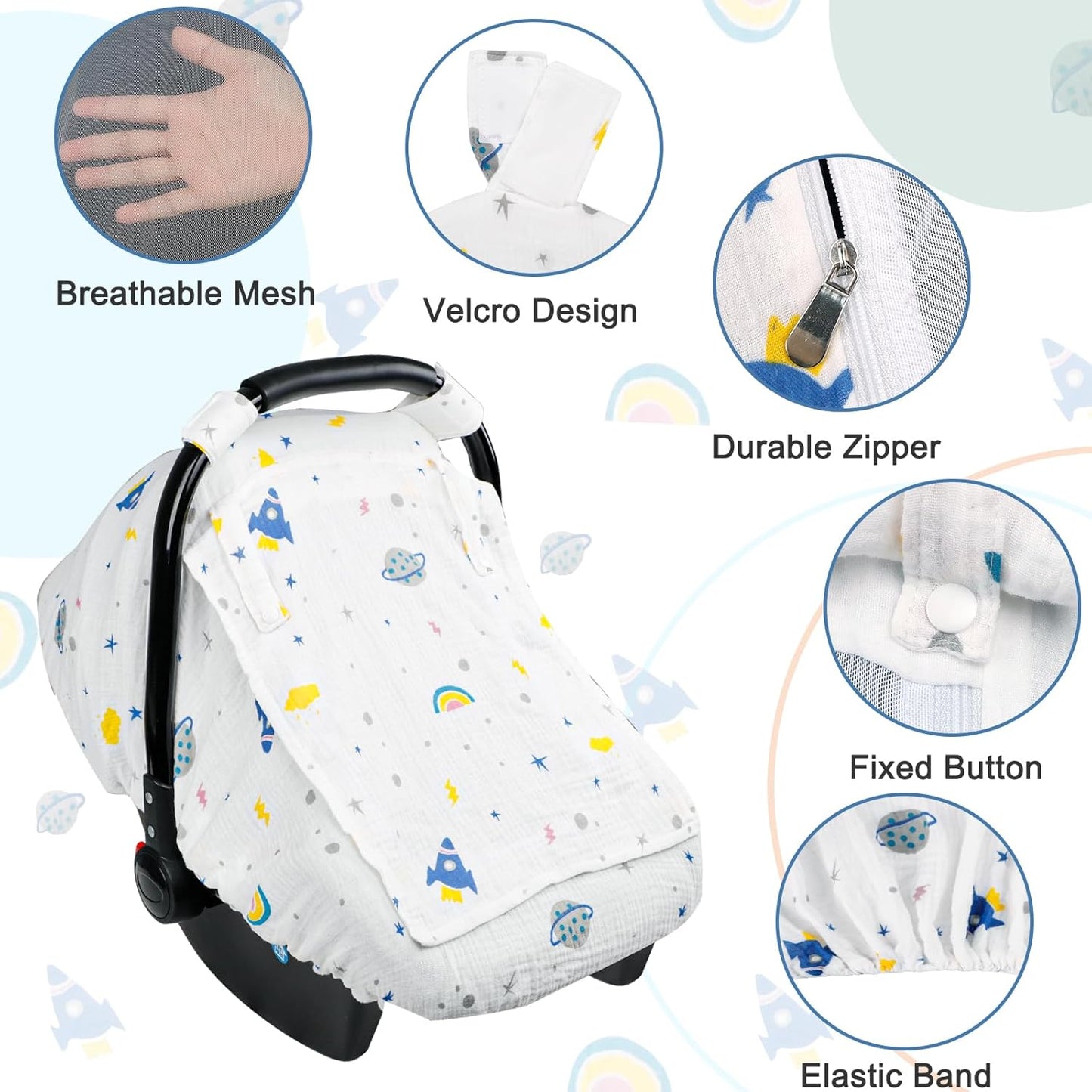 Hooyax Muslin Car Seat Cover Baby, Summer Car Seat Covers for Babies, Infants, and Newborns, Ultra Soft Breathable Universal Fit Stroller Carseat Canopy Covers for Boys Girls (Planet)