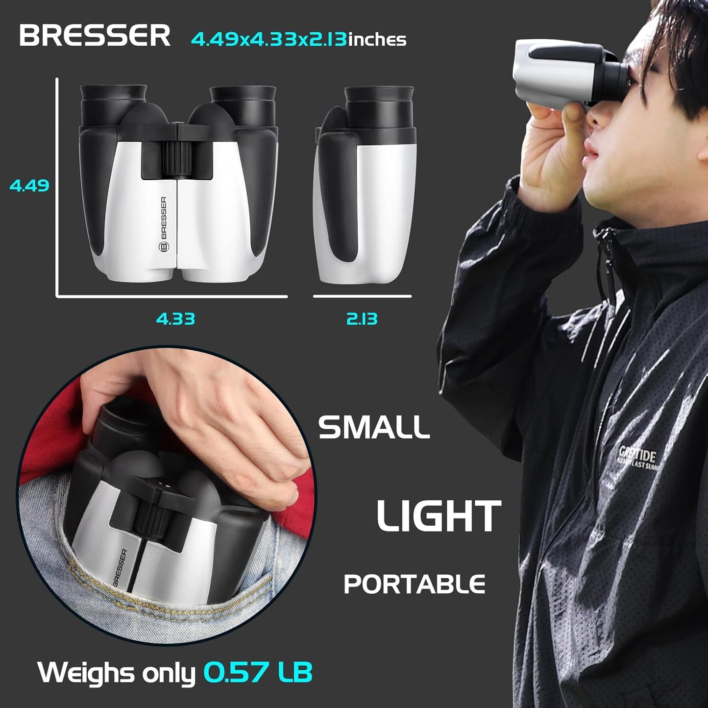 BRESSER 10x25 Binoculars for Adults and Kids, Folding Compact Binocular with Weak Light Vision, Lightweight Small Binoculars for Bird Watching, Travel, Concerts, Hunting, Hiking (White)