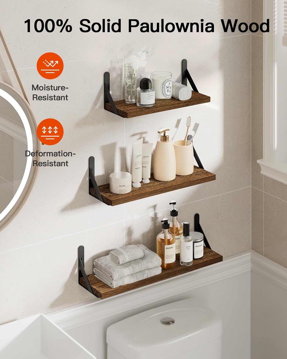 AMADA HOMEFURNISHING Wall Shelves Set of 6, Rustic Farmhouse Floating Shelves for Bedroom, Bathroom & Living Room, Brown Wood