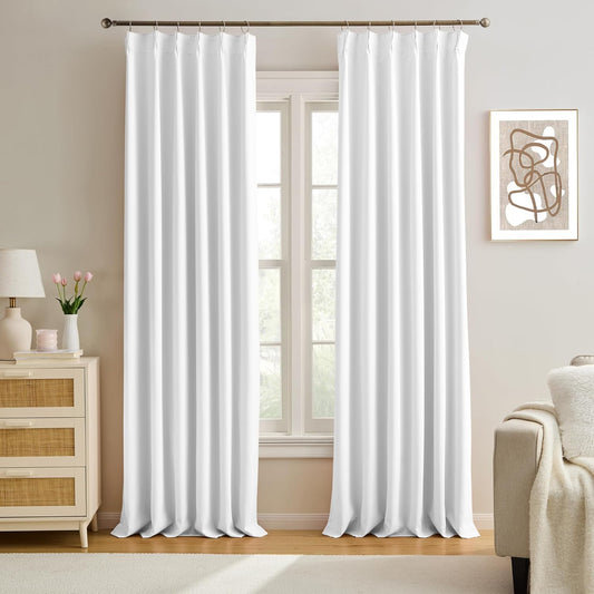 KEQIAOSUOCAI Elegant Pleated Privacy Window Curtain Panels 96 Inches Long, Memory Shape Pinch Pleat Ceiling to Floor Fancy Draperies for Home Office Living Room 40 Inch Wide Each Panel,Set of 2,White