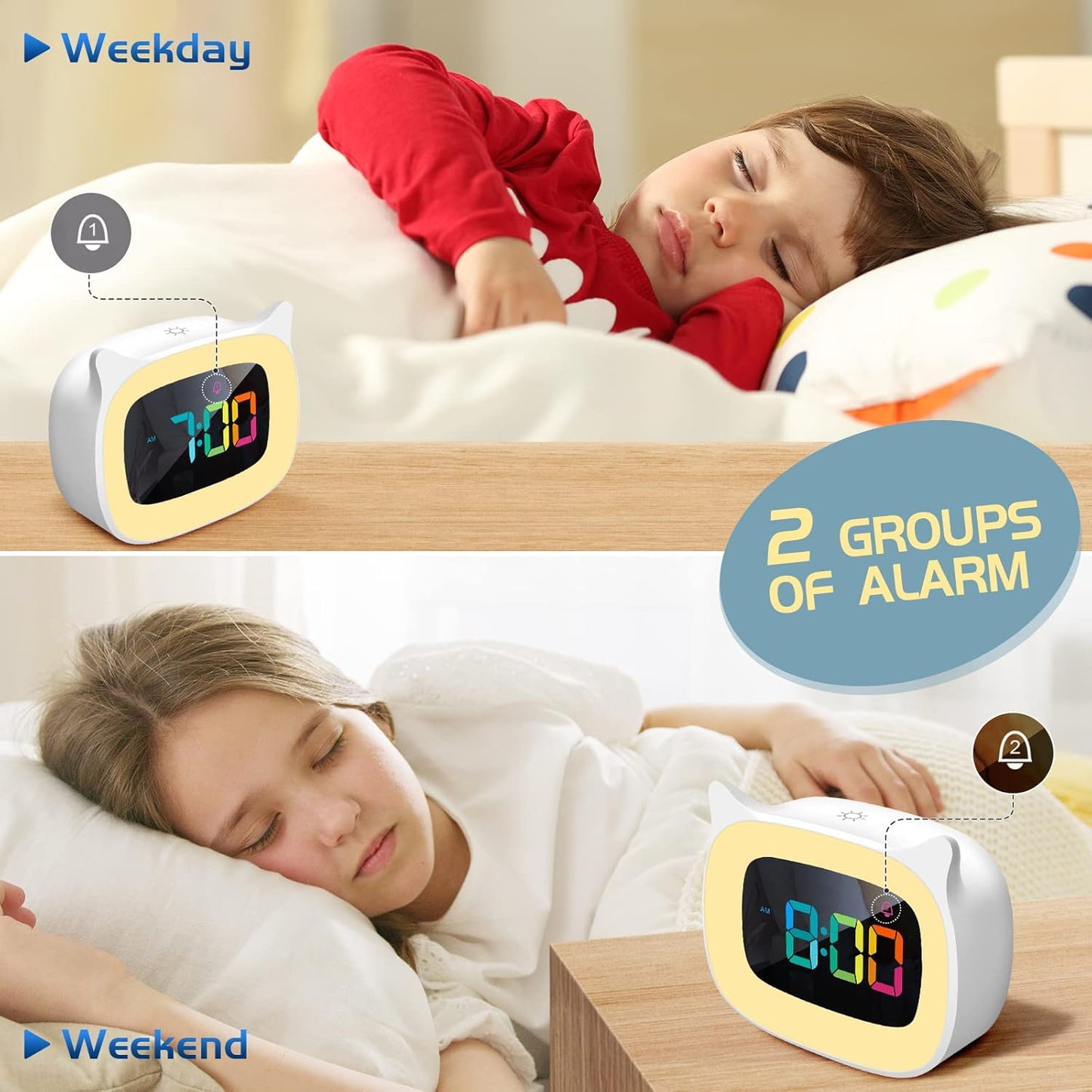 Cute Cat Ear Alarm Clock with RGB 7 Color Night Light & 18 Ringtones,Rechargeable Clock for Kids Bedroom,LED Colorful Digital Display,Bedside Clock for Boys,Girls Birthday Presents(White)
