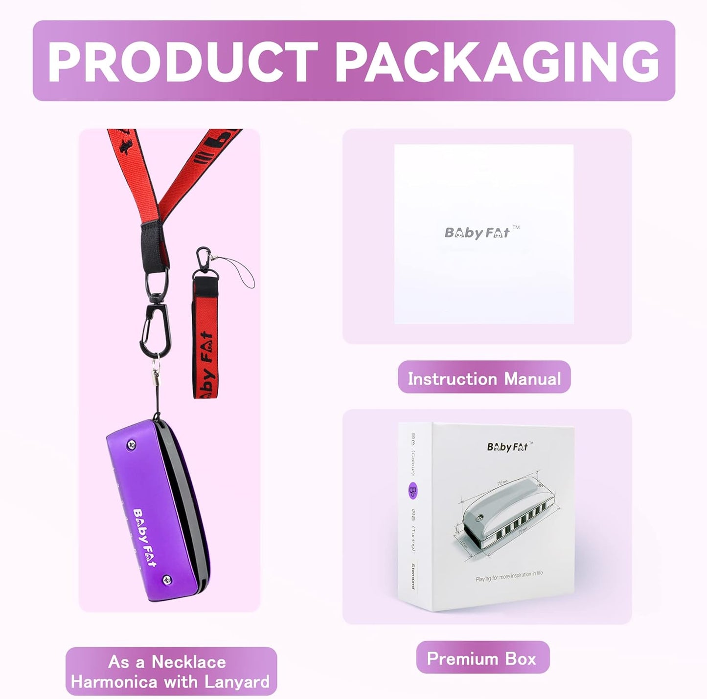 KONGSHNEG BabyFat 7 Hole Blues Mini Harmonica Set,Diatonic Harmonica with free lanyards,Gifts for Professional Players and Beginners,Easy-playing Musical Instrument(Key of Bb）