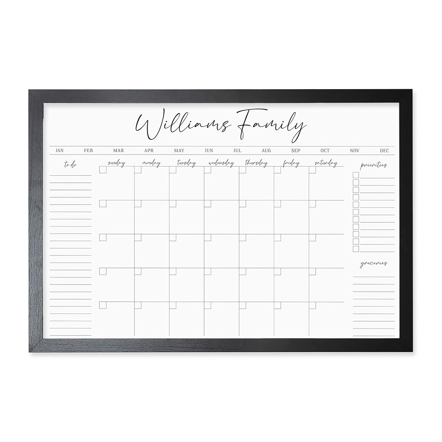 Personalized Dry Erase Wall Calendar with Custom To do list and Notes Organization Sections | Large Whiteboard Calendar (36" W x 24" H, Black Frame)