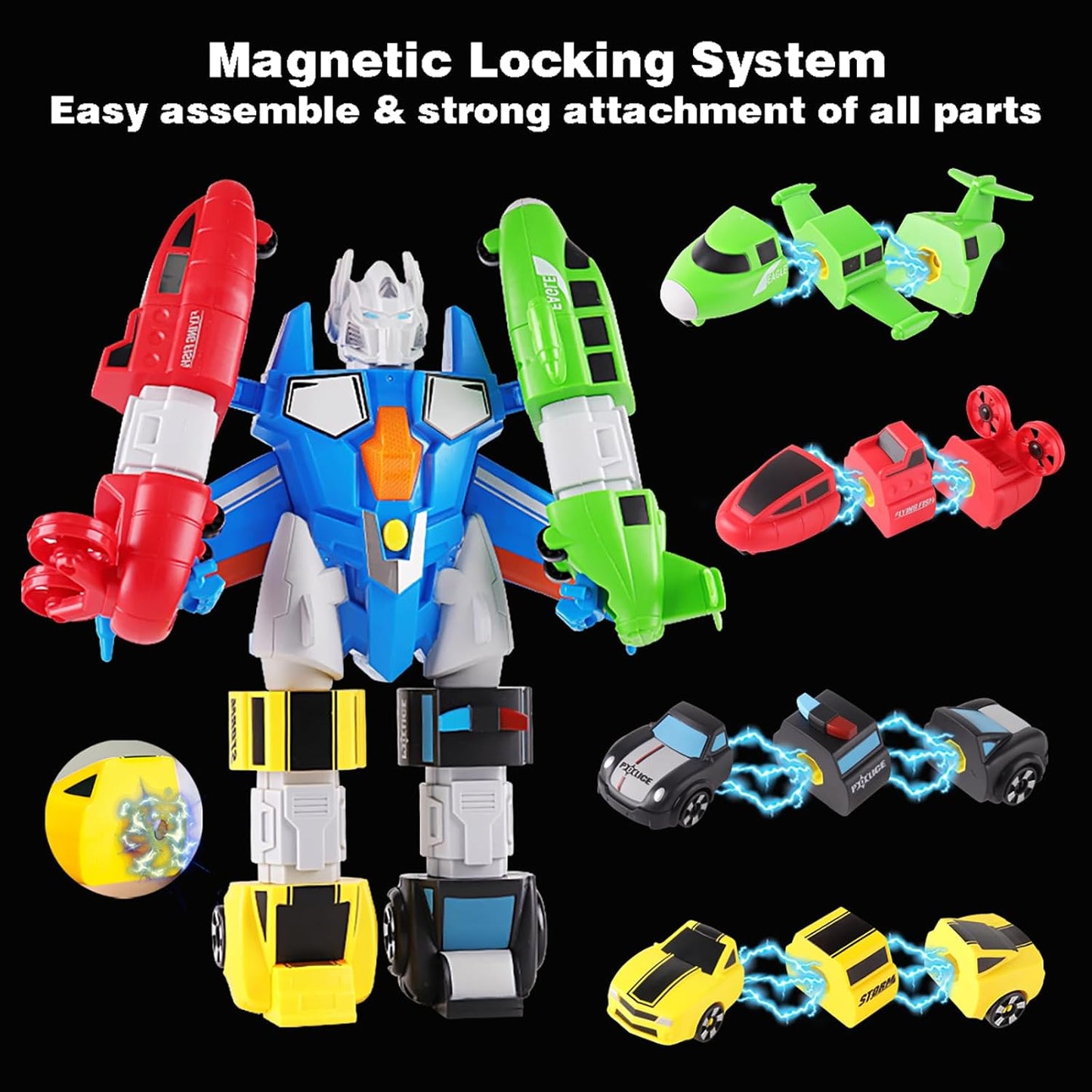 5-in-1 Magnetic Vehicles Playset Toy, Transform to Robot, Mix & Match Assembling Building Action Figures Kit with Storage Box, Holiday Birthday Present for Kids, Boys & Girls 3 4 5 6 7 Year