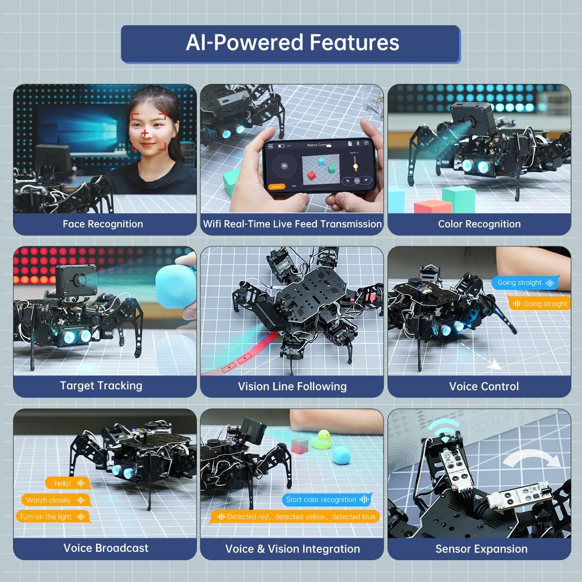18DOF Hexapod Robot for Arduino Programming, Spider Walking Crawling Self-Balancing AI Vision Voice Control Obstacle Avoidance, STEM Education Open Source Robot with Tutorials, miniHexa Advanced Kit