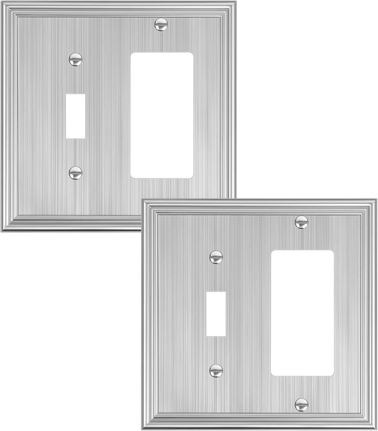 2-Pack Combo Toggle/Decorator Light Switch Cover Plate, Brushed Nickel Decorative Electrical Outlet Covers, Durable Solid Zinc Alloy Wall Switch Plates and Outlet Covers