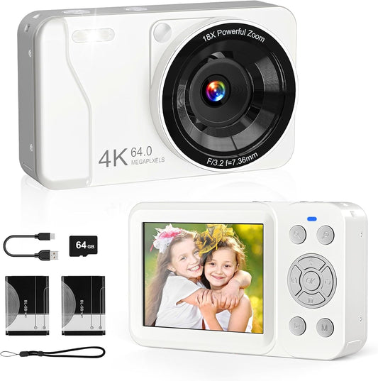 Digital Camera, 4K 64MP, 18X Zoom, Point and Shoot Digital Camera with 64GB TF Card & 2 Batteries, Portable Rechargeable Small Camera for Kids Teens Adult, White