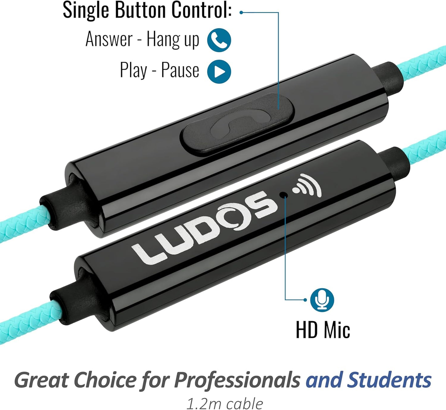 LUDOS Clamor Wired Earbuds in-Ear Headphones, 5 Years Warranty, Earphones with Mic, Noise Isolating Ear Buds, Memory Foam for iPhone, Samsung, School Students, Kids, Women, Small Ears - Turquoise