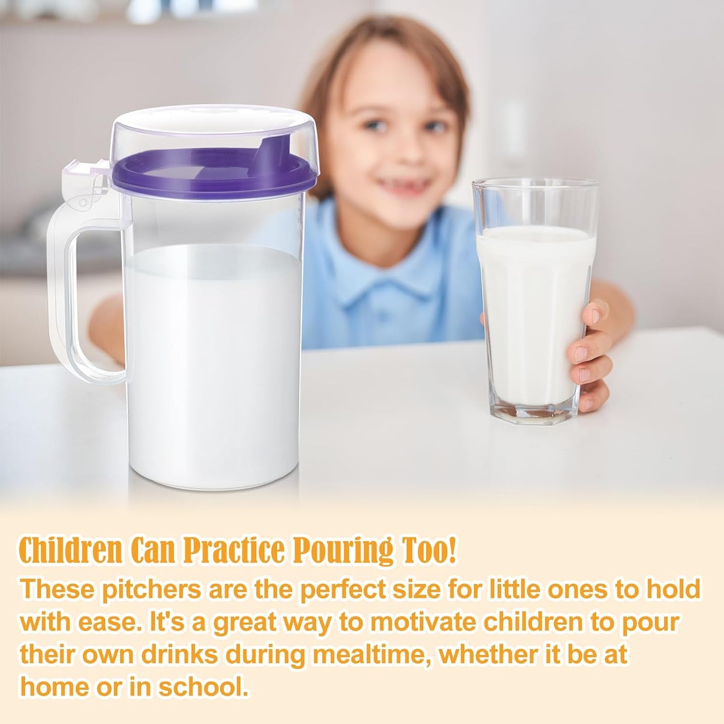 Newtay 6 Pack Early Learning Kids Easy Pouring Mini Pitchers Clear Plastic Pitcher with Lid and Handle Easy Pour Bottles 16 Oz. Jugs with Lids for Classroom Nursery Home (Colorful)