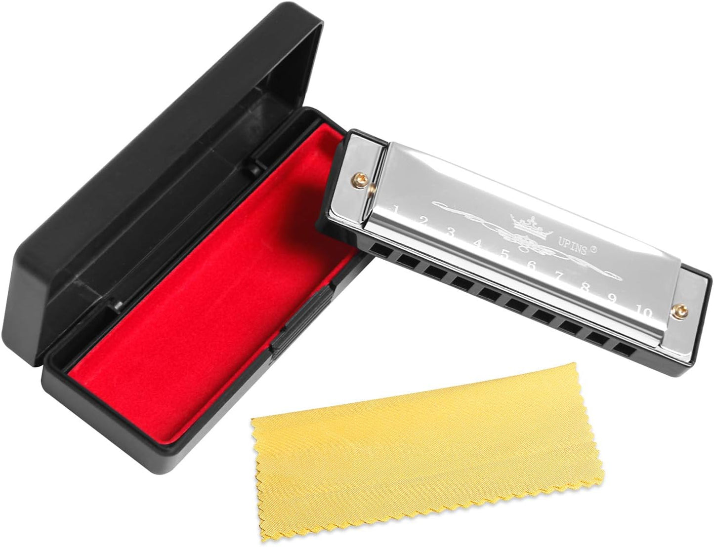 UPINS 4PCS Key of C Blues 10 Hole 20 Tones Titanium Color Harmonica with Case Cleaning Cloth for Beginner Students Kids (Gold, Pink, Silvery, Black)