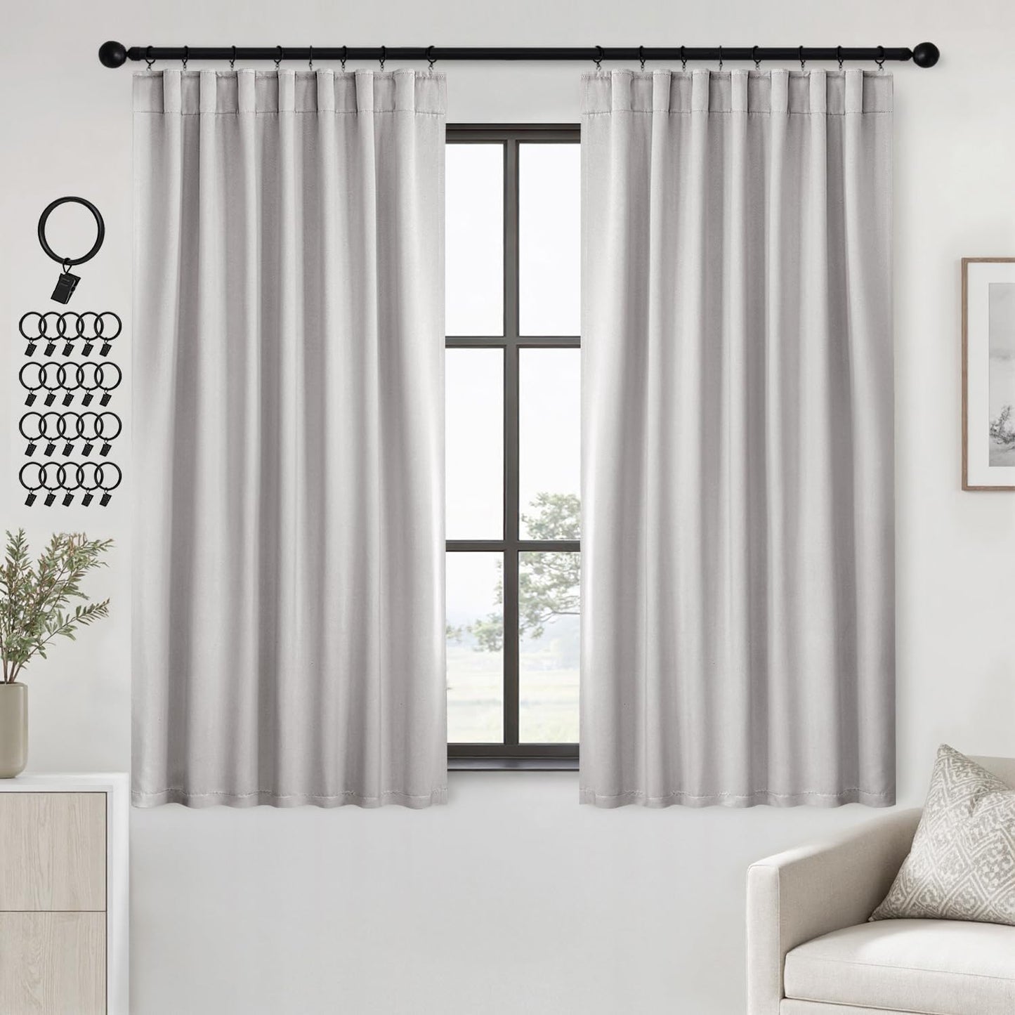 ANRODUO Back Tab Blackout Curtains for Bedroom Living Room, Rod Pocket Pinch Pleated Thermal Insulated Room Darkening Curtains 63 Inches Long 2 Panels, Greyish White, 42 x 63 Inch