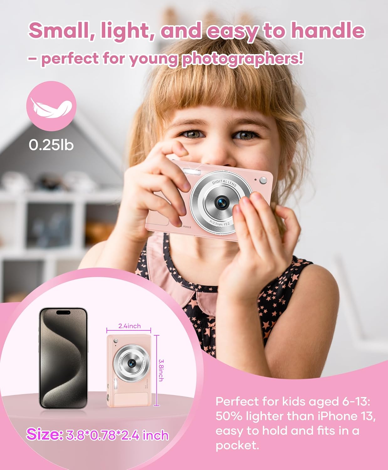 WONNIE Digital Camera 56MP, FHD 1080P Point & Shoot Camera with 32GB SD Card, 2 Batteries, and Lanyard, Ideal for Kids & Teens, Suitable Gift for Girls