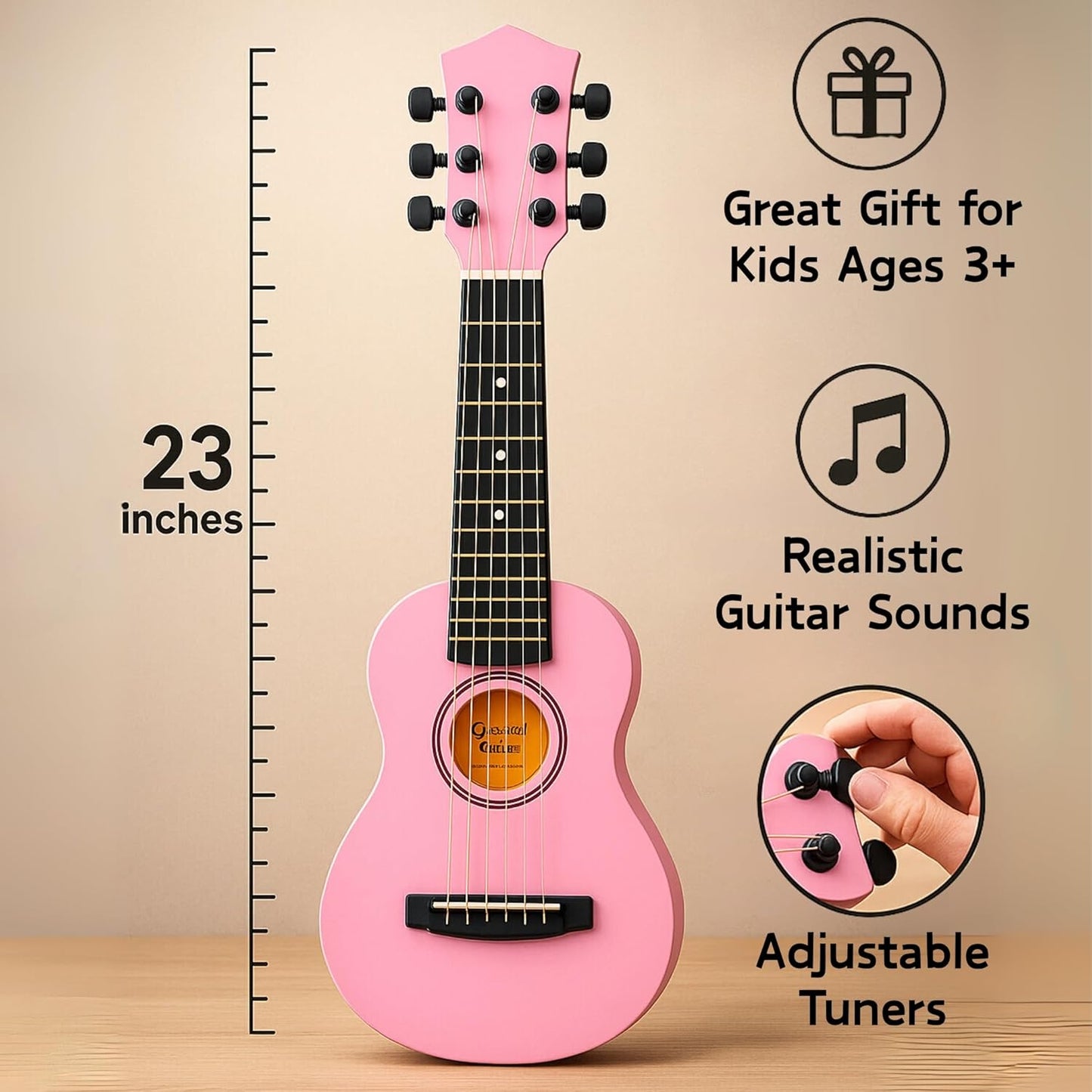 23" Acoustic Guitar, Kids 6 String Toy Guitar - Realistic Steel Strings - Beginner Practice First Musical Instrument for Children, Toddlers (Pink)