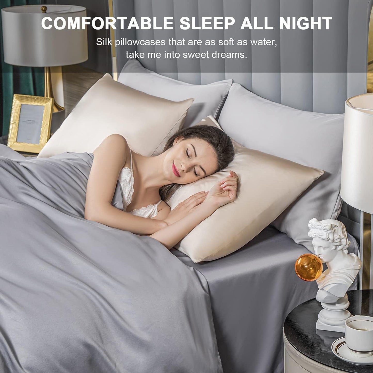 2 Pcs Mulberry Silk Pillowcase for Hair and Skin,Cooling Silk Pillow Case with Hidden Zipper,Allergen Proof Dual Sides Soft Breathable Smooth Silk Pillow Cover for Women(Standard-2PCS,Champagne)