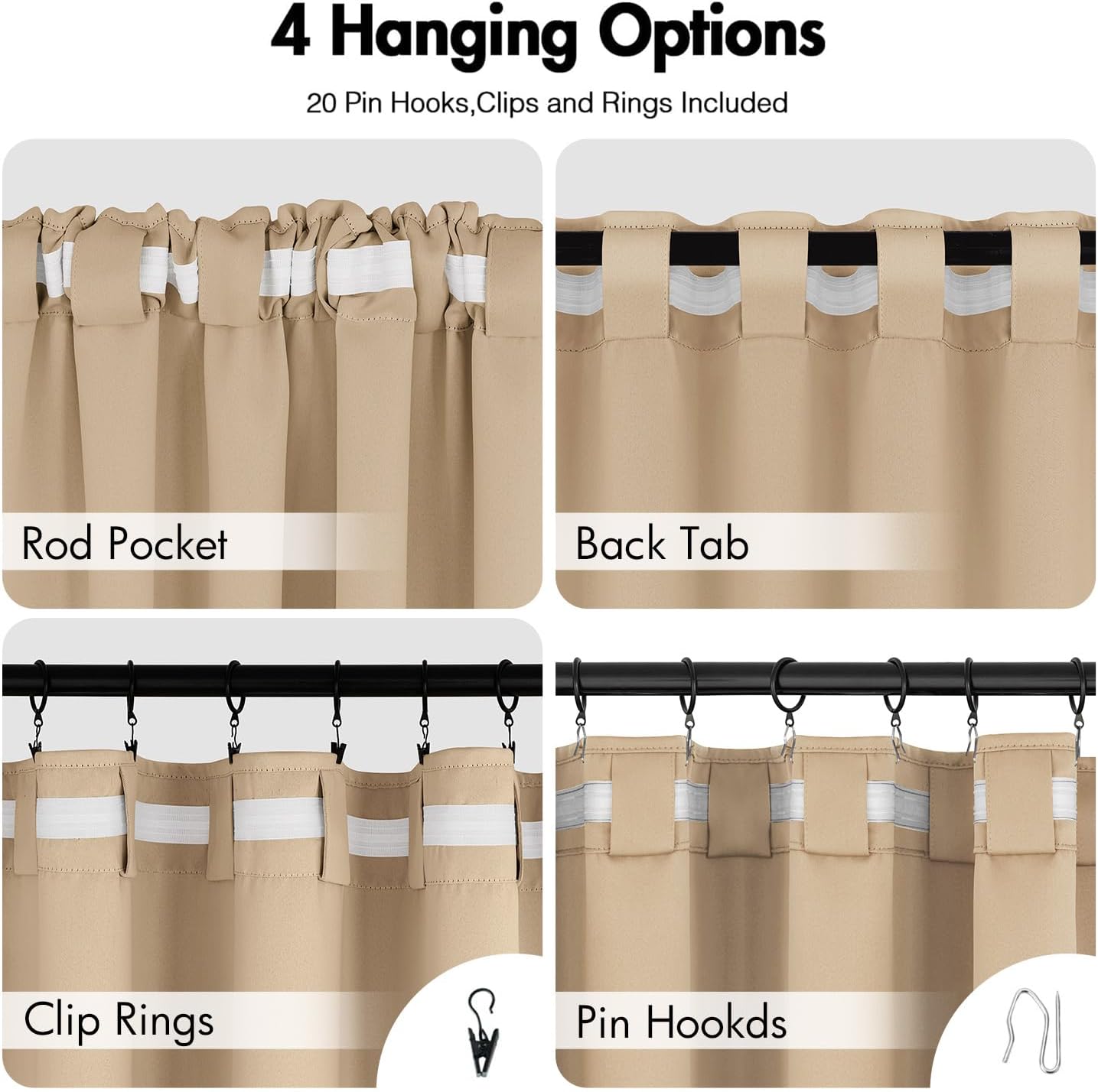 ANRODUO Back Tab Blackout Curtains for Bedroom Living Room, Rod Pocket Pinch Pleated Thermal Insulated Room Darkening Curtains 84 Inches Long 2 Panels, Beige, 42 x 84 Inch