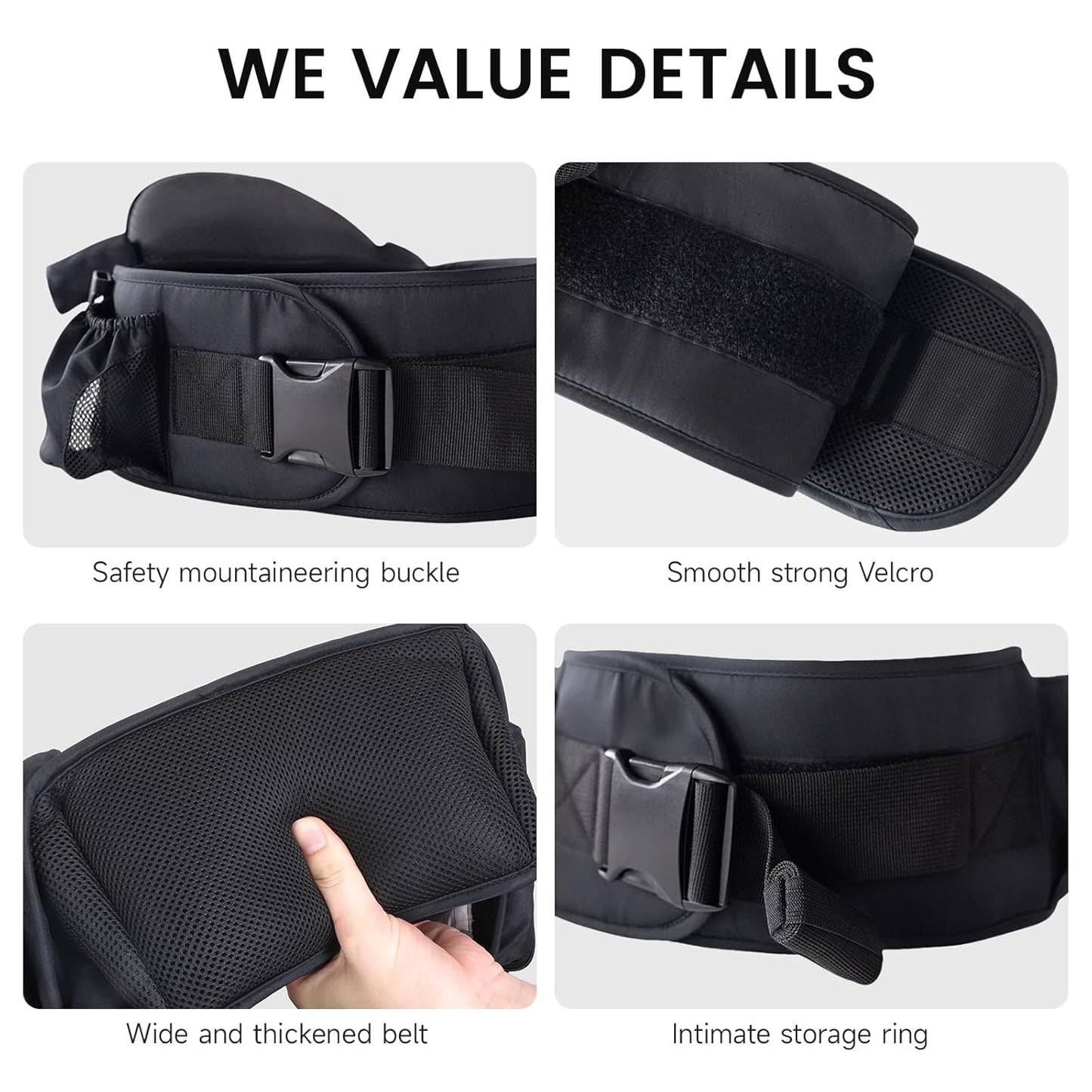 Ergonomic Baby Hip Carrier-Baby Waist Stool with Adjustable Strap and Chest Harness Huge Storage Enhanced Lumbar, Carrier for Newborn to Toddler Black