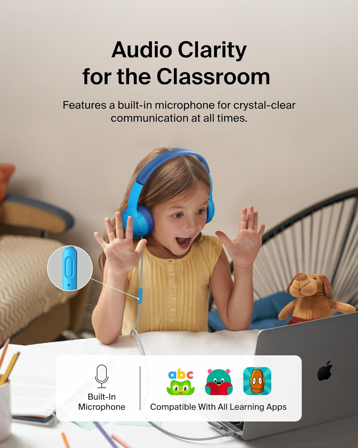 Belkin SoundForm Mini Kids Wired Headphones w/USB C to 3.5mm Dongle, Built-in Mic & Fun Stickers, 85dB Max Volume – for Online Learning, Travel, Compatible w/iPhone 16, iPad, Galaxy S25, etc - Blue