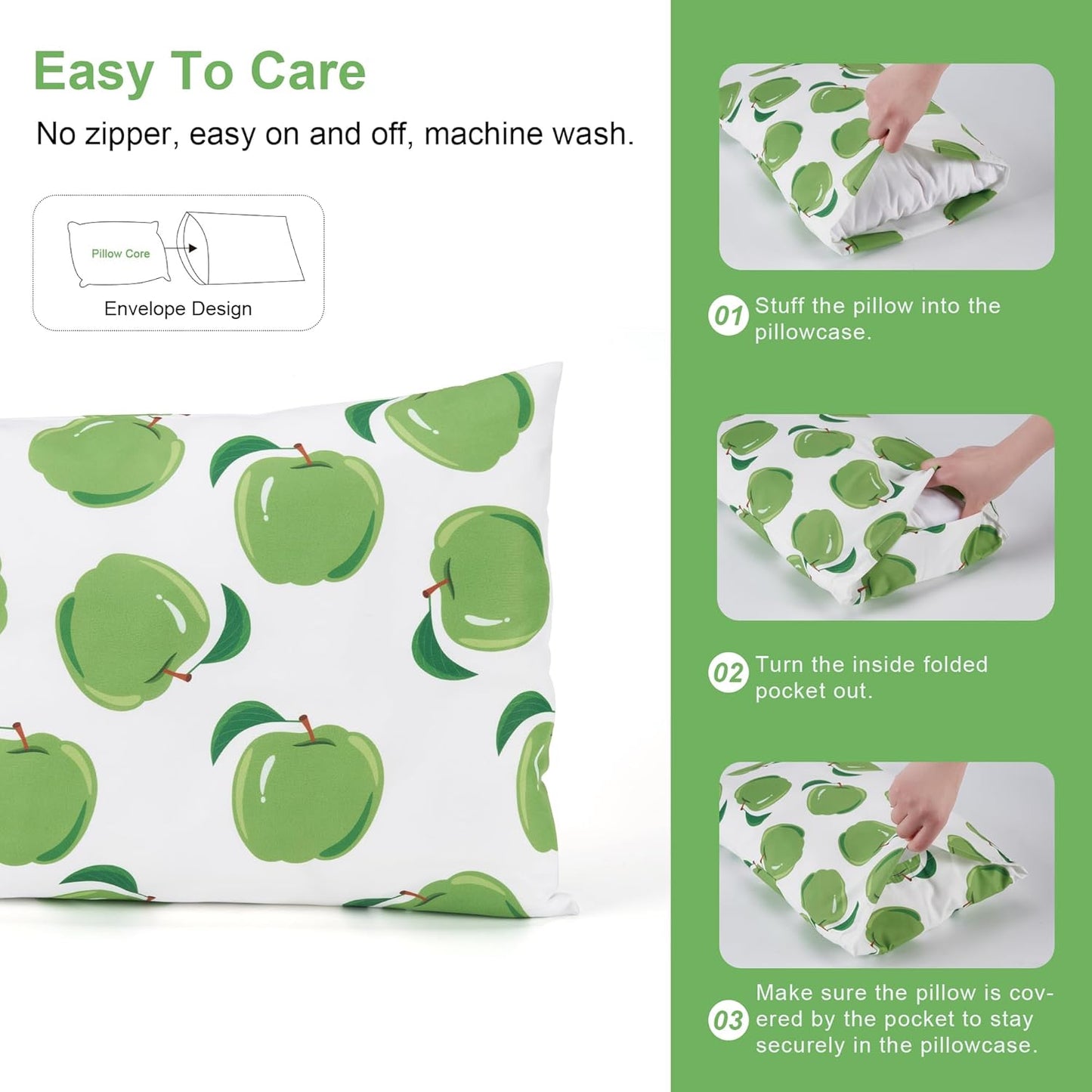 TILLYOU Toddler Pillowcases 13 x 18 Travel Pillow Case 2 Pack, Kids Pillowcases Machine Washable with Envelope Closure, Green Apple & Fruit Green