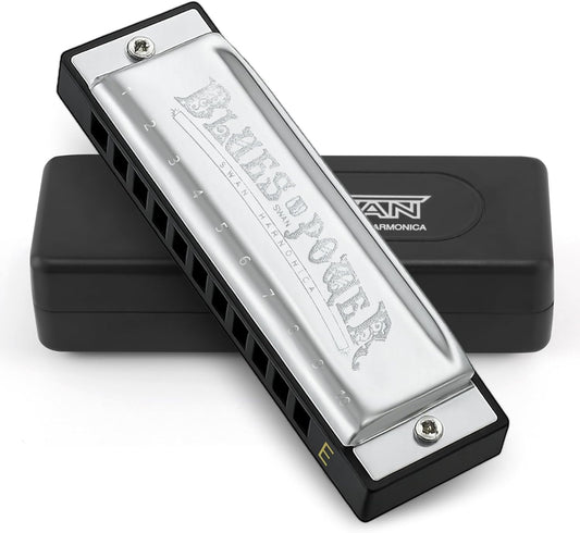 SWAN Blues Harmonica, Key of E, 10 Hole 20 Tone Diatonic Harp Mouth Organ, Stainless Steel Deluxe Harmonica for Adults, Students, Beginners, as a Gift (Silver-E)