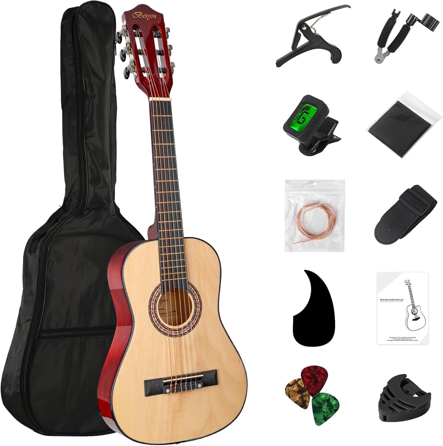30" Wood Acoustic Guitar with Case,guitar book and Accessories for Kids/Girls/Boys/Beginners (Natural)