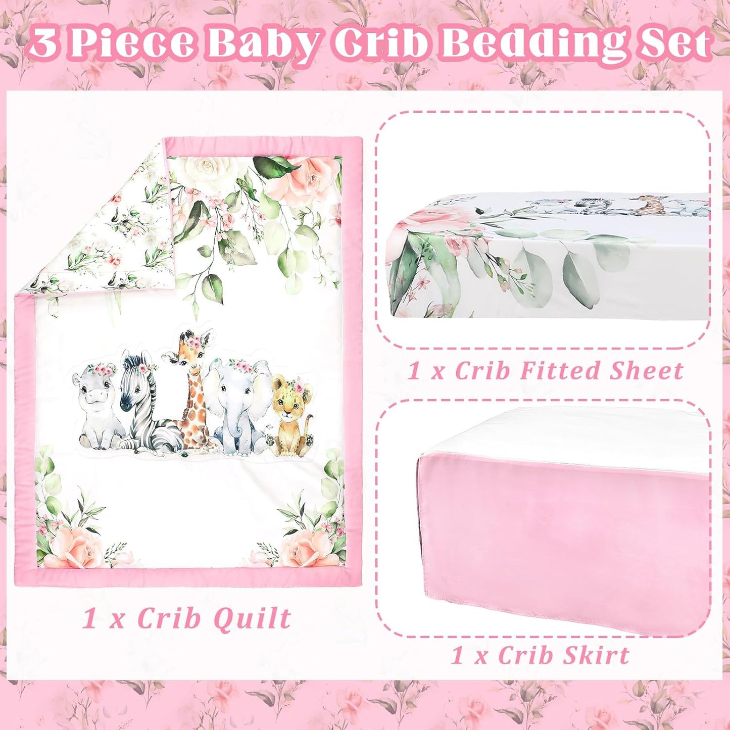 3 Pcs Baby Crib Bedding Set Safari Animals Dinosaurs Bear Woodland Animals Jungle Crib Set Includes Quilt, Fitted Sheet, Skirt for Baby Boy Girl(Pink,Safari)