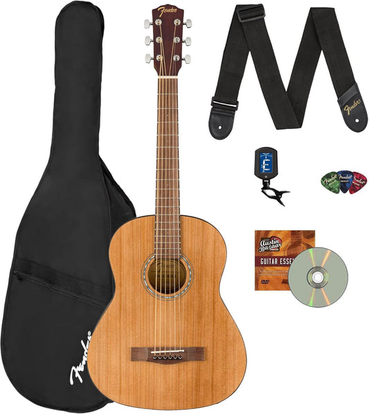 Fender FA-15 3/4-Scale Kids Steel String Acoustic Guitar - Natural Bundle with Gig Bag, Tuner, Strap, Picks, Fender Play Online Lessons, and Austin Bazaar Instructional DVD