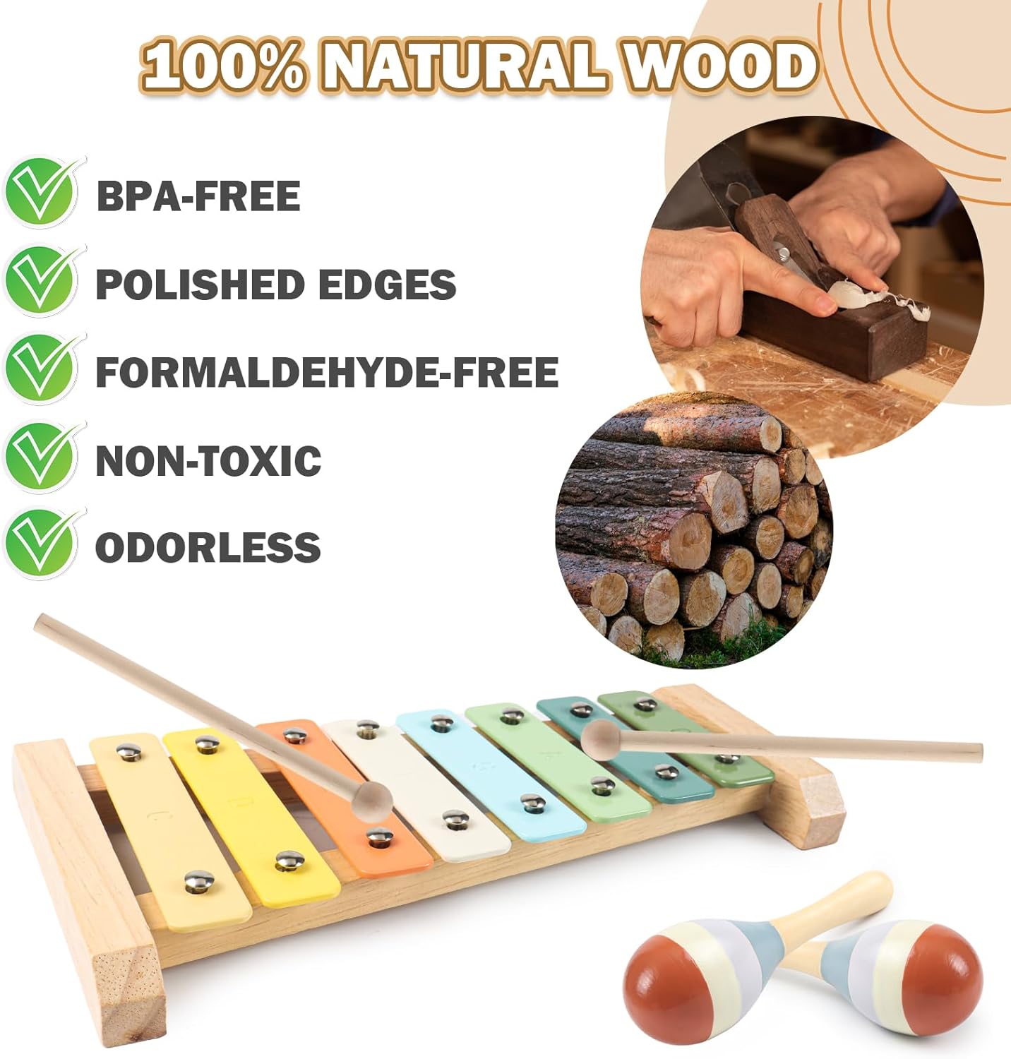 11 in 1 Baby Musical Instruments-Montessori Wooden Toys for Toddlers 1-3, Neutral Colors Percussion Instruments with Modern Boho Xylophone for Kids Preschool Educational 3+ with Storage Bag