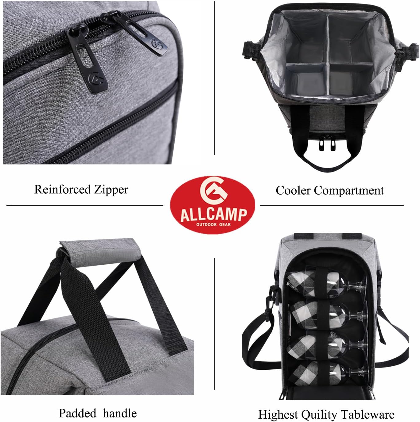 ALLCAMP 4 Bottle Wine Gift Bag - Insulated Tote Cooler, Adjustable Strap, Includes 4 Wine Glasses, Napkins & Corkscrew, Portable Travel Gifting(Gray)