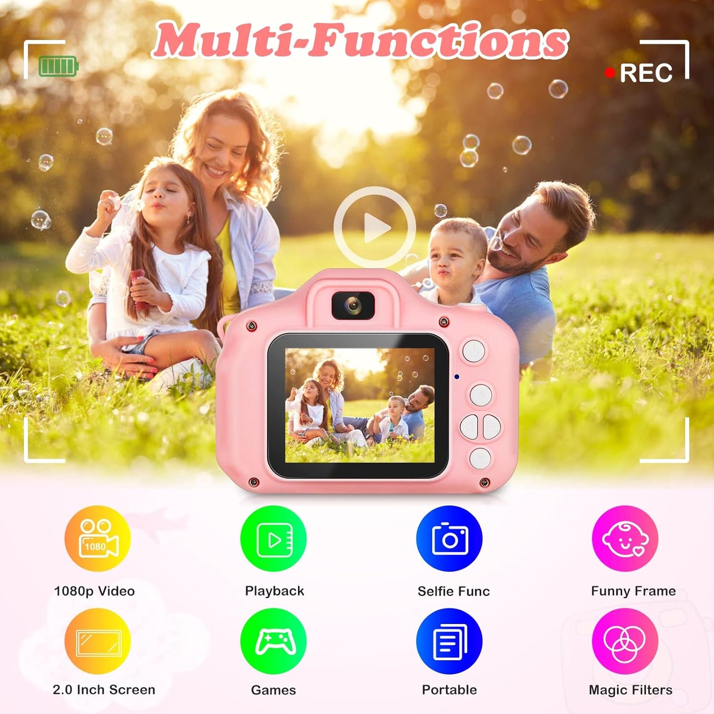 Kids Camera, HD Digital Video Camera,Childrens Toys for 3 4 5 6 7 8 9 Year Old Boys/Girls, Selfie Camera for Kids, Christmas Birthday Gifts with 32GB SD Card(Pink)