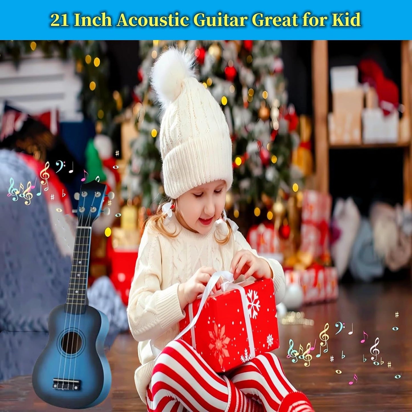 Kids Child Children Wooden Acoustic Guitar Ukulele 21 Inch 4 String Musical Instruments Perfect For Beginner (Blue)