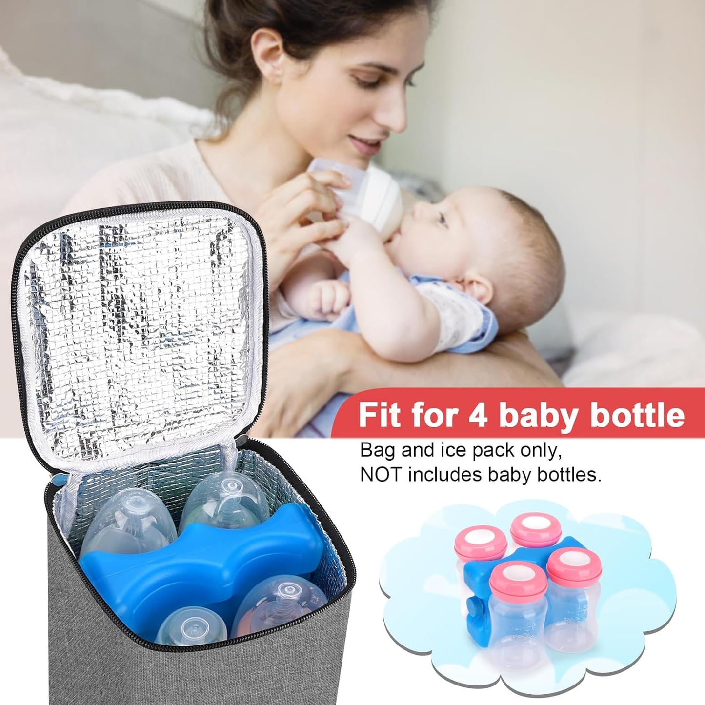 Accmor Breastmilk Cooler Bag with Ice Pack, Baby Bottle Cooler Bags, Insulated Tote Bags On The Go, Fits 4 Large 8oz Bottles, for Nursing Mom Daycare Travel, Grey
