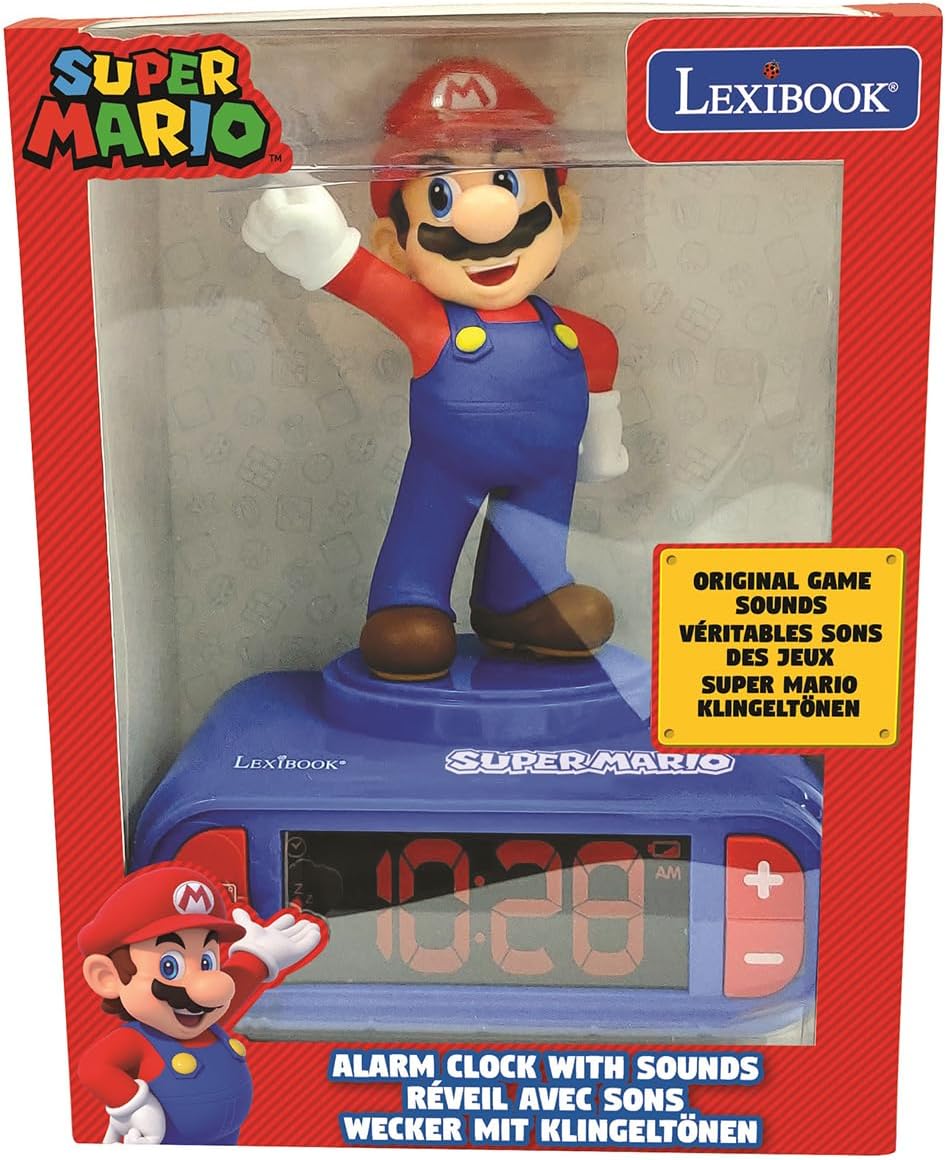 LEXiBOOK, Super Mario, Mario Nightlight Alarm Clock, Sounds and Melodies, LCD Backlit Screen, Luminous, Snooze, Red/Blue, RL800NI