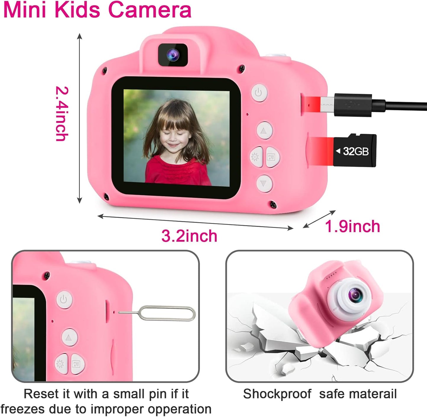 GKTZ Toys for Girls Age 3-8, Kids Camera Digital Video Toddler Camera Children Camcorder Birthday Gifts for 3 4 5 6 7 8 Year Old Girls with 32GB SD Card