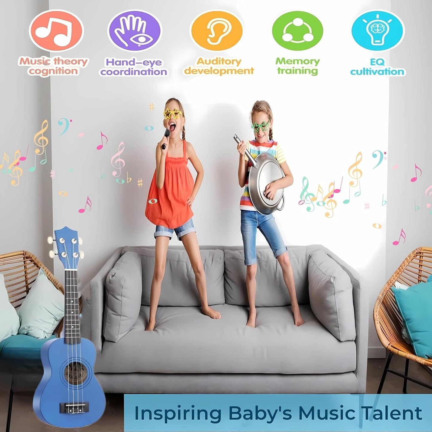 21 Inch Wooden Kids Toddler Child Children Acoustic Guitar Musical Instruments Ideal for 3-9 Year Old Boys Girls Gifts (Blue)